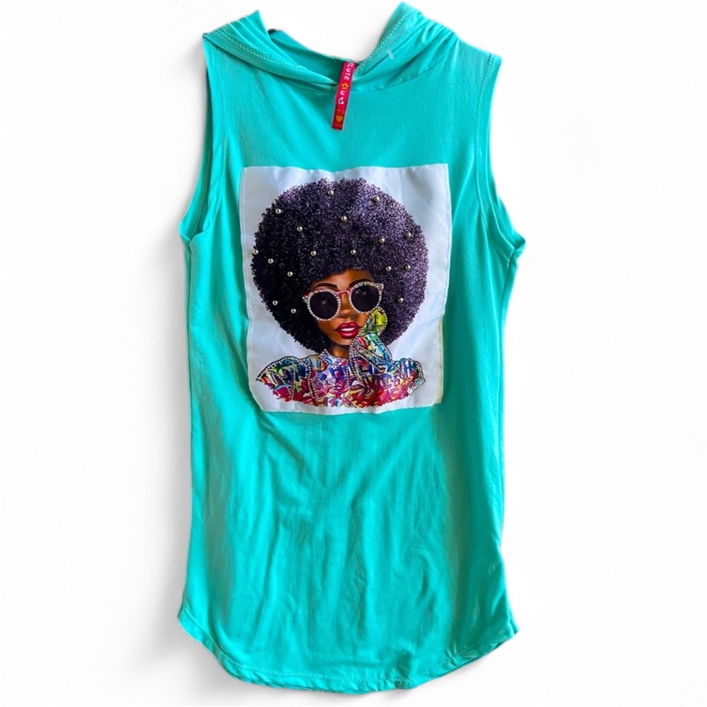 CUTE 4 U Girls embellished sleeveless Teal Hoodie Shirt/ Dress /Size 14-16 NWOT